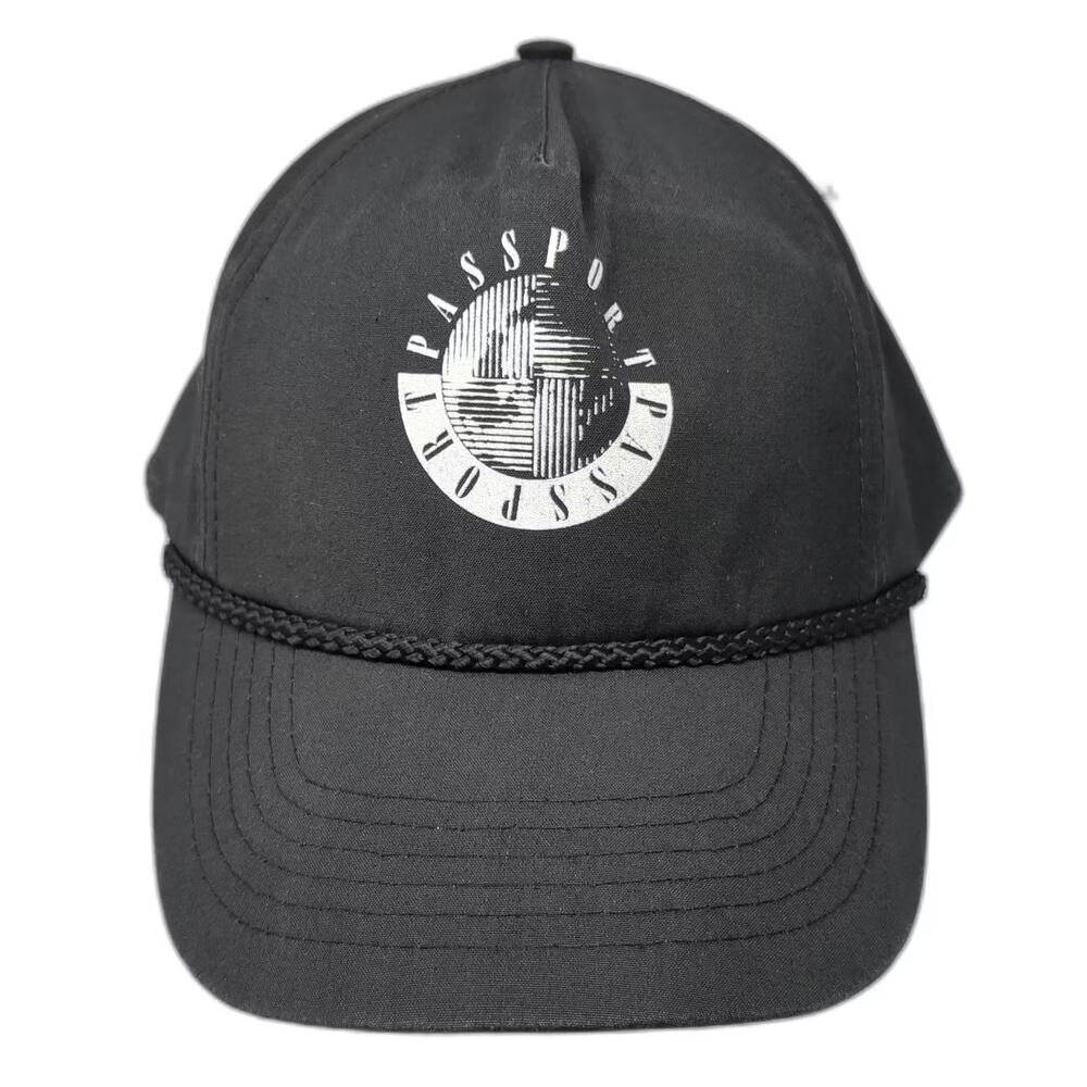 TC 5 Panel Black Hat Passport Globe OS Slideback Rope Accent Screenprint